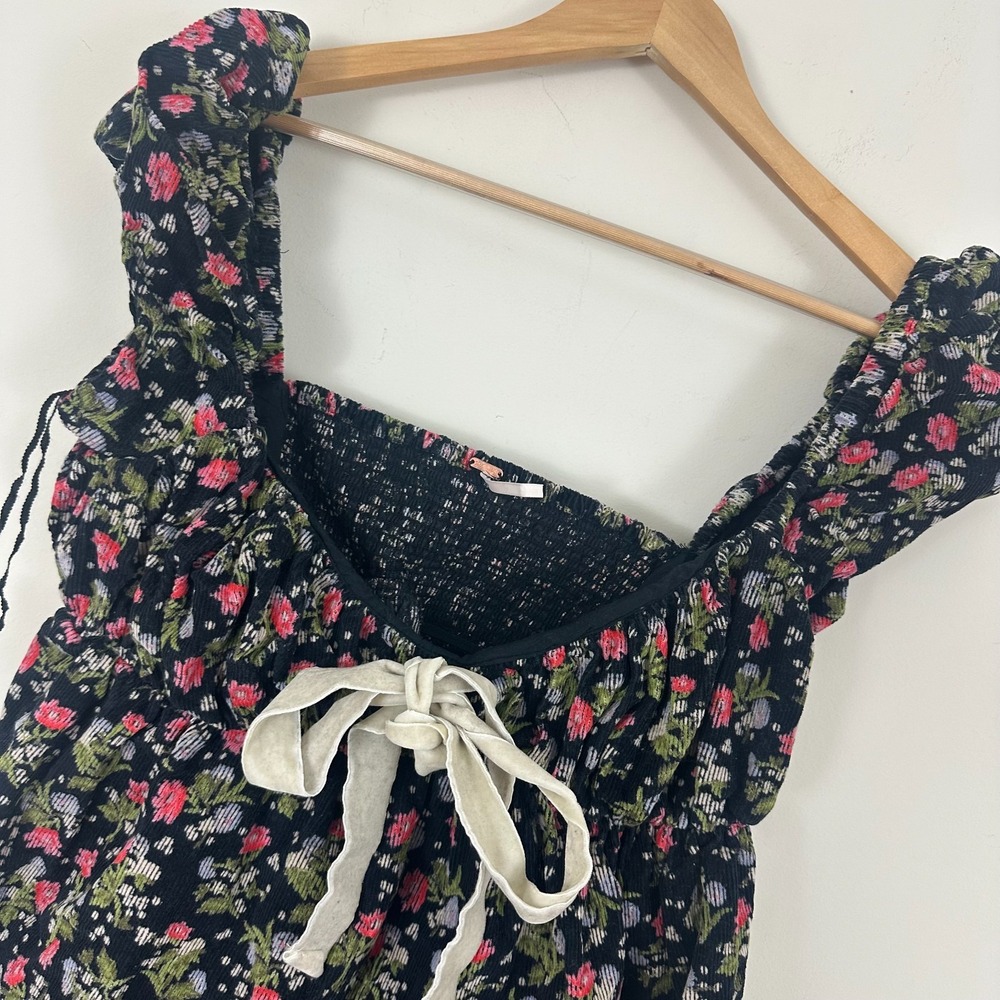 Free People Gaia Tunic Dress Black Floral  Corduroy Puff Sleeve Babydoll Tie M